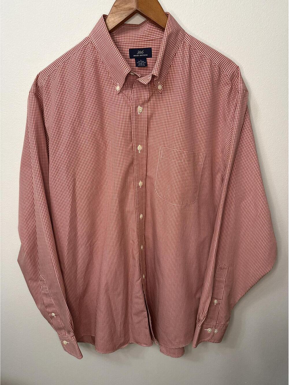 Brooks Brothers 346 Men’s Non-Iron Dress Shirt Large Red White Check Button Down